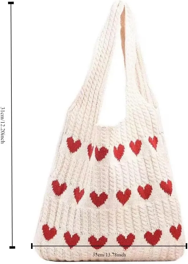 Pokn Heart Crochet Tote Bag Cute Purse for Women Cutecore Key Chain Y2K Accessories Valentines Aesthetic Handbags for Women