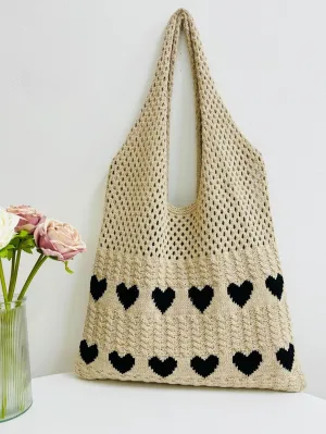 Pokn Heart Crochet Tote Bag Cute Purse for Women Cutecore Key Chain Y2K Accessories Valentines Aesthetic Handbags for Women