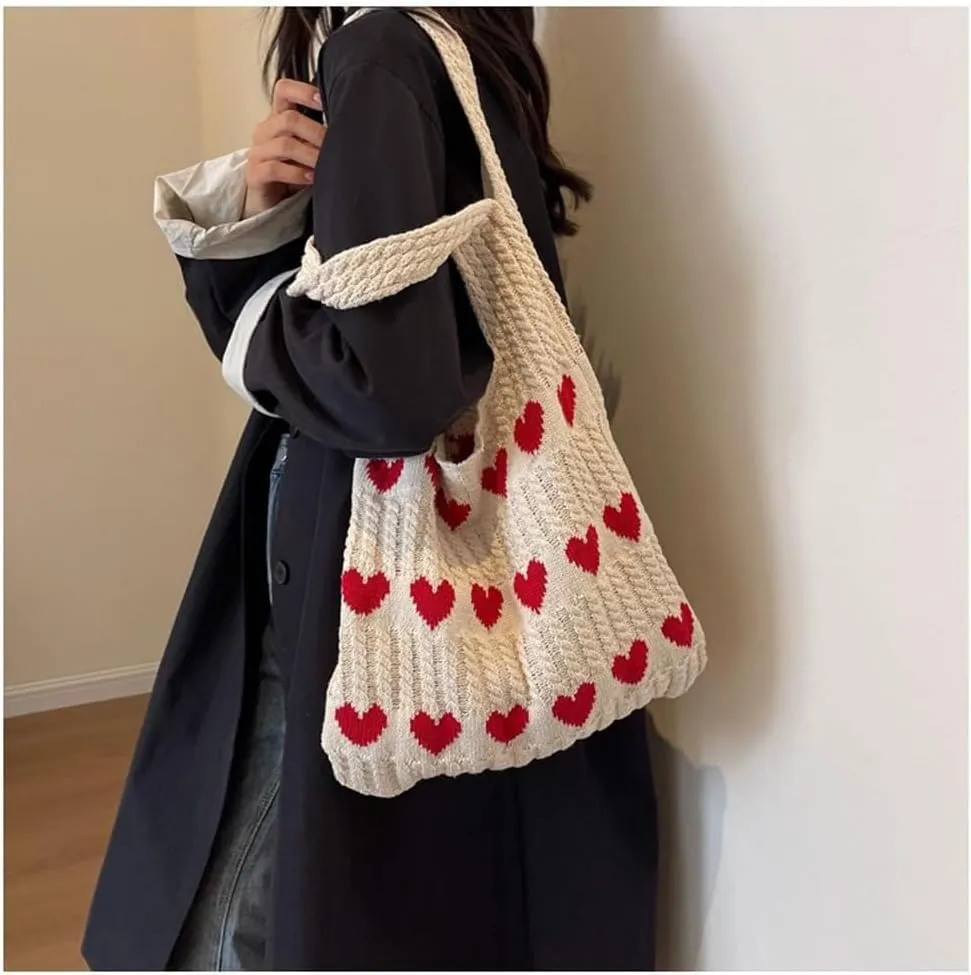 Pokn Heart Crochet Tote Bag Cute Purse for Women Cutecore Key Chain Y2K Accessories Valentines Aesthetic Handbags for Women