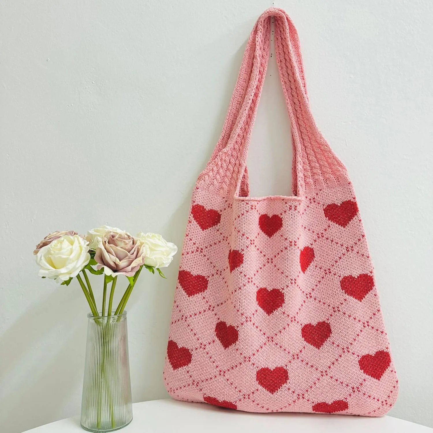 Pokn Heart Crochet Tote Bag Cute Purse for Women Cutecore Key Chain Y2K Accessories Valentines Aesthetic Handbags for Women