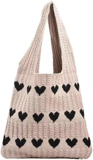 Pokn Heart Crochet Tote Bag Cute Purse for Women Cutecore Key Chain Y2K Accessories Valentines Aesthetic Handbags for Women