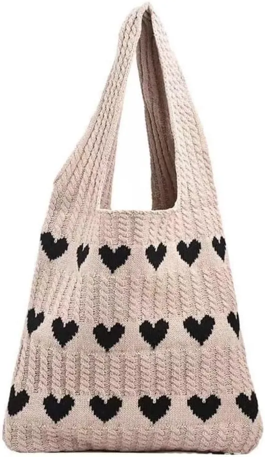 Pokn Heart Crochet Tote Bag Cute Purse for Women Cutecore Key Chain Y2K Accessories Valentines Aesthetic Handbags for Women