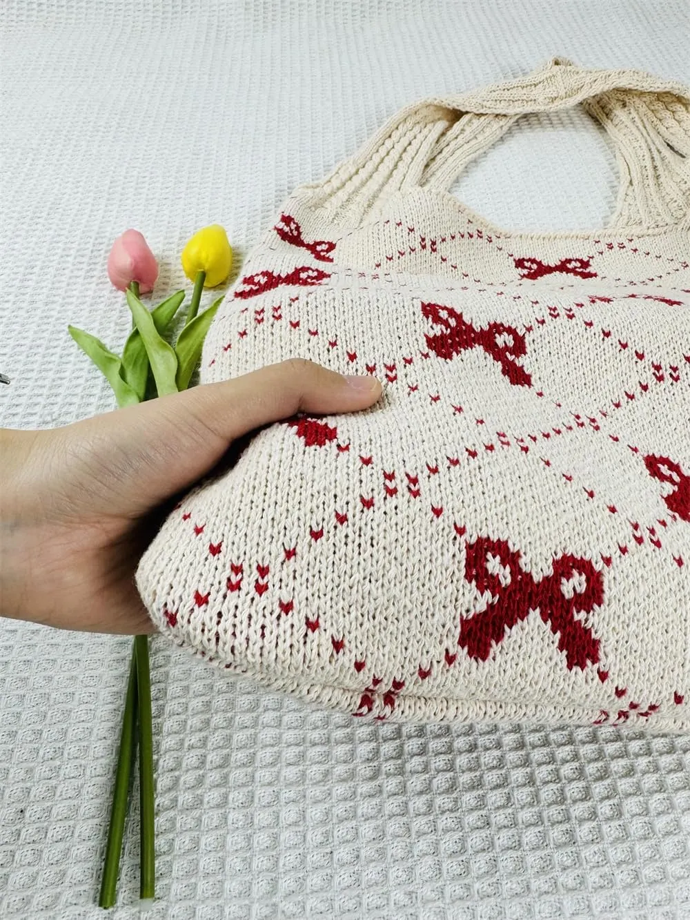 Pokn Heart Crochet Tote Bag Cute Purse for Women Cutecore Key Chain Y2K Accessories Valentines Aesthetic Handbags for Women