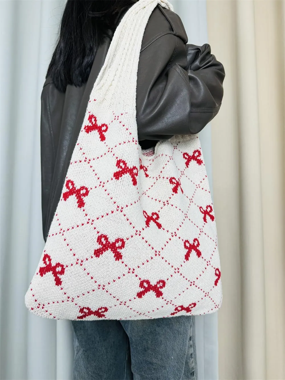 Pokn Heart Crochet Tote Bag Cute Purse for Women Cutecore Key Chain Y2K Accessories Valentines Aesthetic Handbags for Women