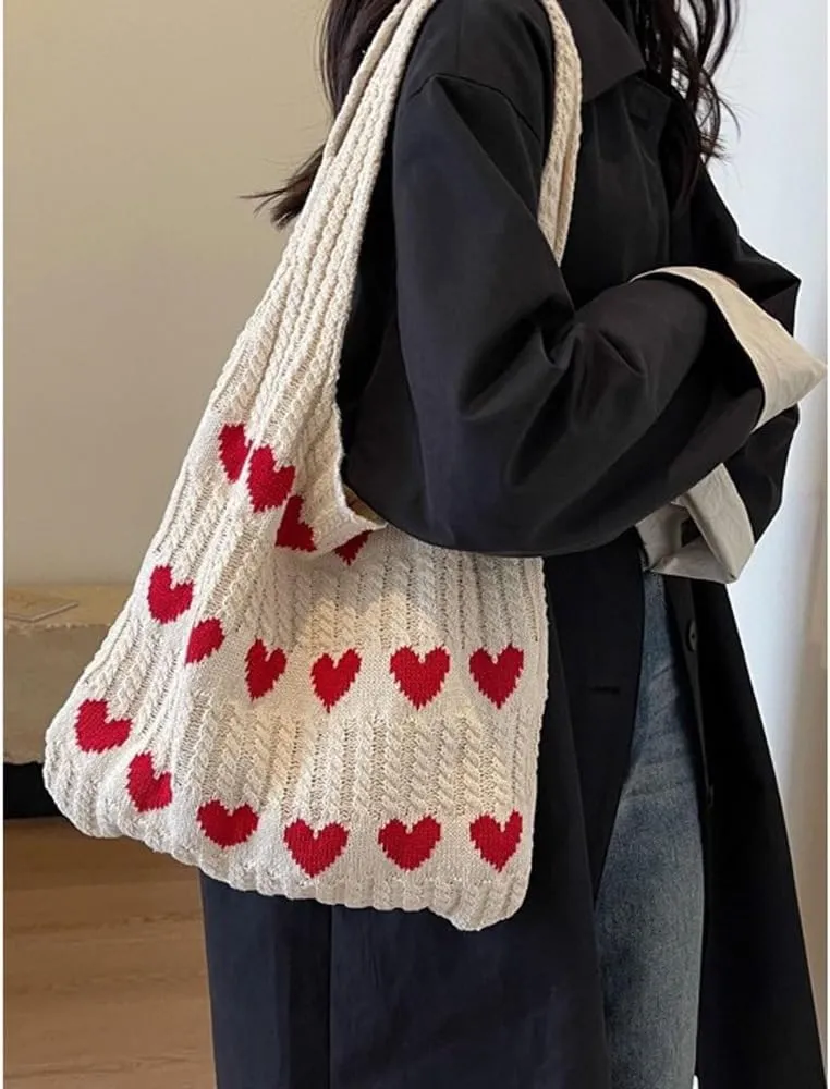 Pokn Heart Crochet Tote Bag Cute Purse for Women Cutecore Key Chain Y2K Accessories Valentines Aesthetic Handbags for Women