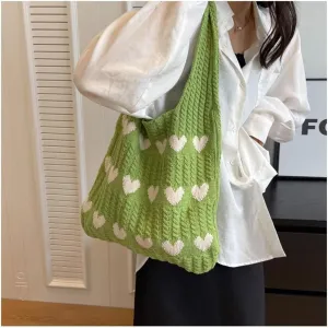 Pokn Heart Crochet Tote Bag Cute Purse for Women Cutecore Key Chain Y2K Accessories Valentines Aesthetic Handbags for Women