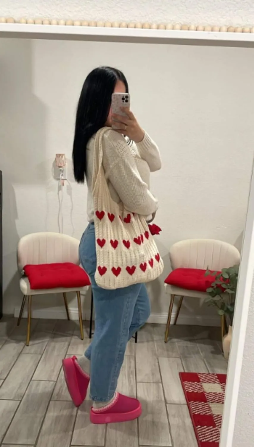 Pokn Heart Crochet Tote Bag Cute Purse for Women Cutecore Key Chain Y2K Accessories Valentines Aesthetic Handbags for Women