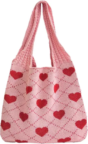 Pokn Heart Crochet Tote Bag Cute Purse for Women Cutecore Key Chain Y2K Accessories Valentines Aesthetic Handbags for Women