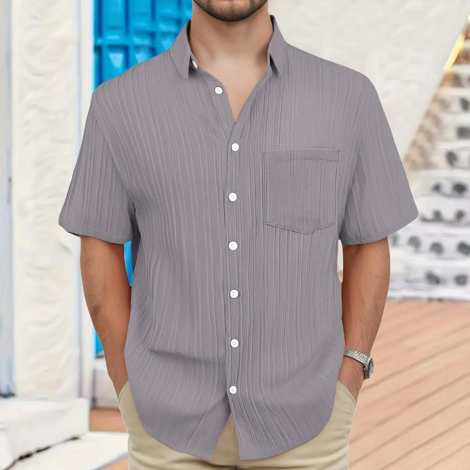 Polo Shirts for Men Mens Summer Textured Shirts Short Sleeve Casual Button Down Shirt Beach Vacation Tops Golf Shirt