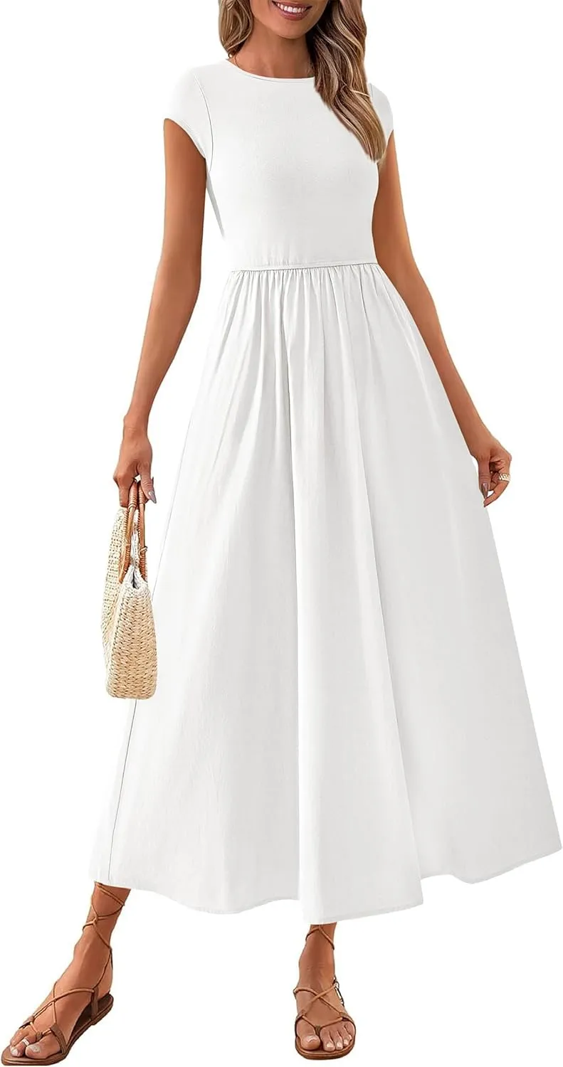 PRETTYGARDEN Women's 2025 Summer Casual Long Dresses Cap Sleeve Patchwork A Line Flowy Modest Elegant Homecoming Maxi Dress