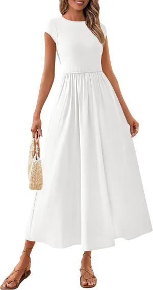 PRETTYGARDEN Women's 2025 Summer Casual Long Dresses Cap Sleeve Patchwork A Line Flowy Modest Elegant Homecoming Maxi Dress