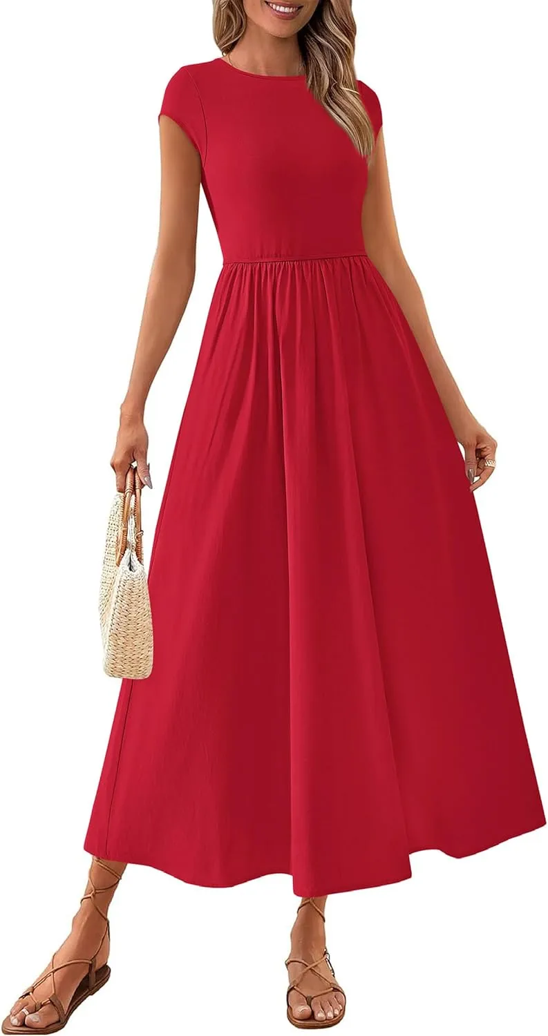 PRETTYGARDEN Women's 2025 Summer Casual Long Dresses Cap Sleeve Patchwork A Line Flowy Modest Elegant Homecoming Maxi Dress