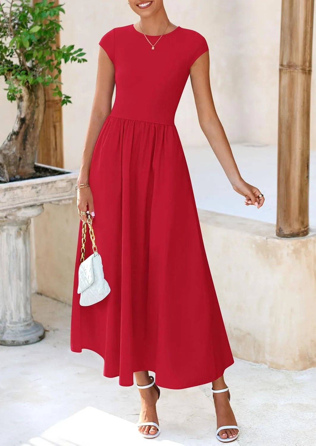 PRETTYGARDEN Women's 2025 Summer Casual Long Dresses Cap Sleeve Patchwork A Line Flowy Modest Elegant Homecoming Maxi Dress