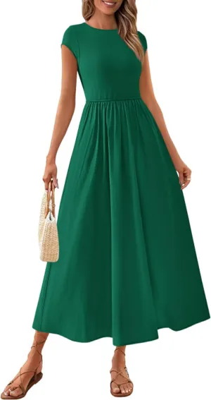 PRETTYGARDEN Women's 2025 Summer Casual Long Dresses Cap Sleeve Patchwork A Line Flowy Modest Elegant Homecoming Maxi Dress