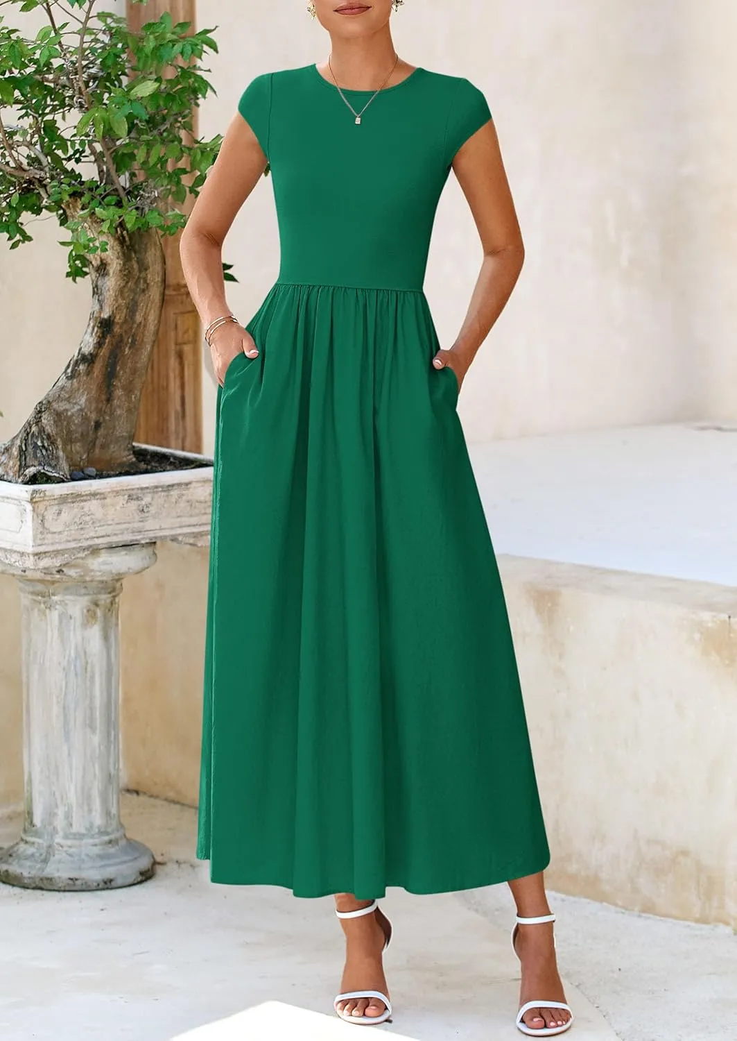 PRETTYGARDEN Women's 2025 Summer Casual Long Dresses Cap Sleeve Patchwork A Line Flowy Modest Elegant Homecoming Maxi Dress