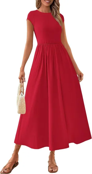 PRETTYGARDEN Women's 2025 Summer Casual Long Dresses Cap Sleeve Patchwork A Line Flowy Modest Elegant Homecoming Maxi Dress
