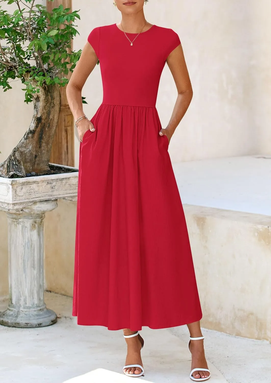 PRETTYGARDEN Women's 2025 Summer Casual Long Dresses Cap Sleeve Patchwork A Line Flowy Modest Elegant Homecoming Maxi Dress