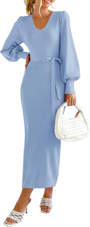 PRETTYGARDEN Women's Fall Knit Pullover Sweater Dress Elegant Long Lantern Sleeve V Neck Winter Maxi Bodycon Dresses
