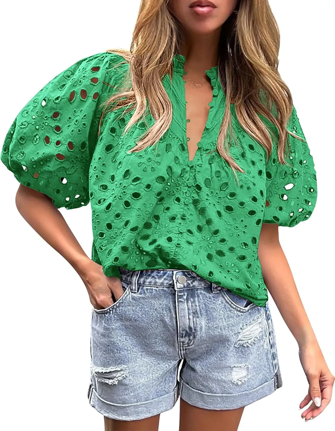 PRETTYGARDEN Women's Summer Tops 2025 Dressy Casual Short Sleeve V Neck Buttons Hollow Out Lace Embroidered Blouses Shirts