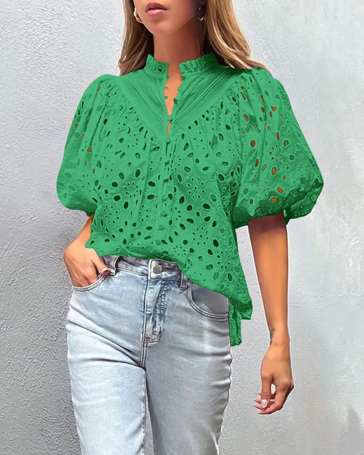 PRETTYGARDEN Women's Summer Tops 2025 Dressy Casual Short Sleeve V Neck Buttons Hollow Out Lace Embroidered Blouses Shirts
