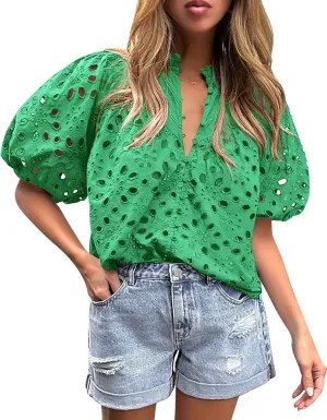 PRETTYGARDEN Women's Summer Tops 2025 Dressy Casual Short Sleeve V Neck Buttons Hollow Out Lace Embroidered Blouses Shirts