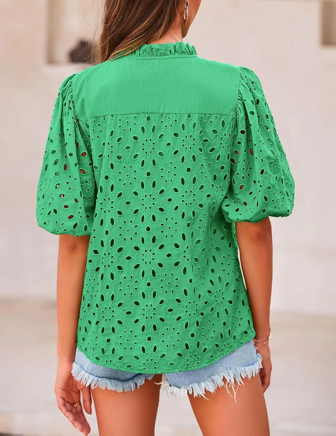 PRETTYGARDEN Women's Summer Tops 2025 Dressy Casual Short Sleeve V Neck Buttons Hollow Out Lace Embroidered Blouses Shirts