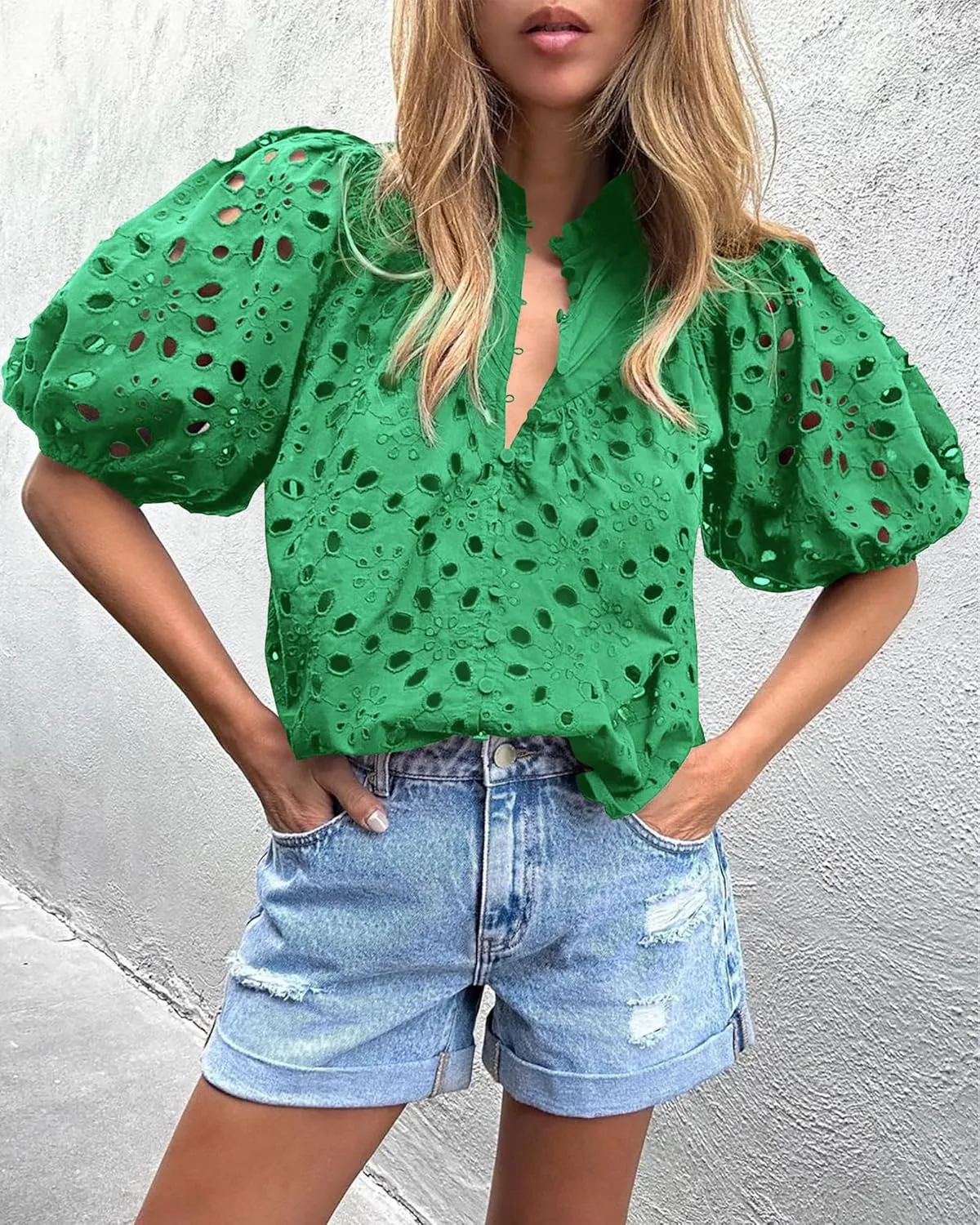 PRETTYGARDEN Women's Summer Tops 2025 Dressy Casual Short Sleeve V Neck Buttons Hollow Out Lace Embroidered Blouses Shirts