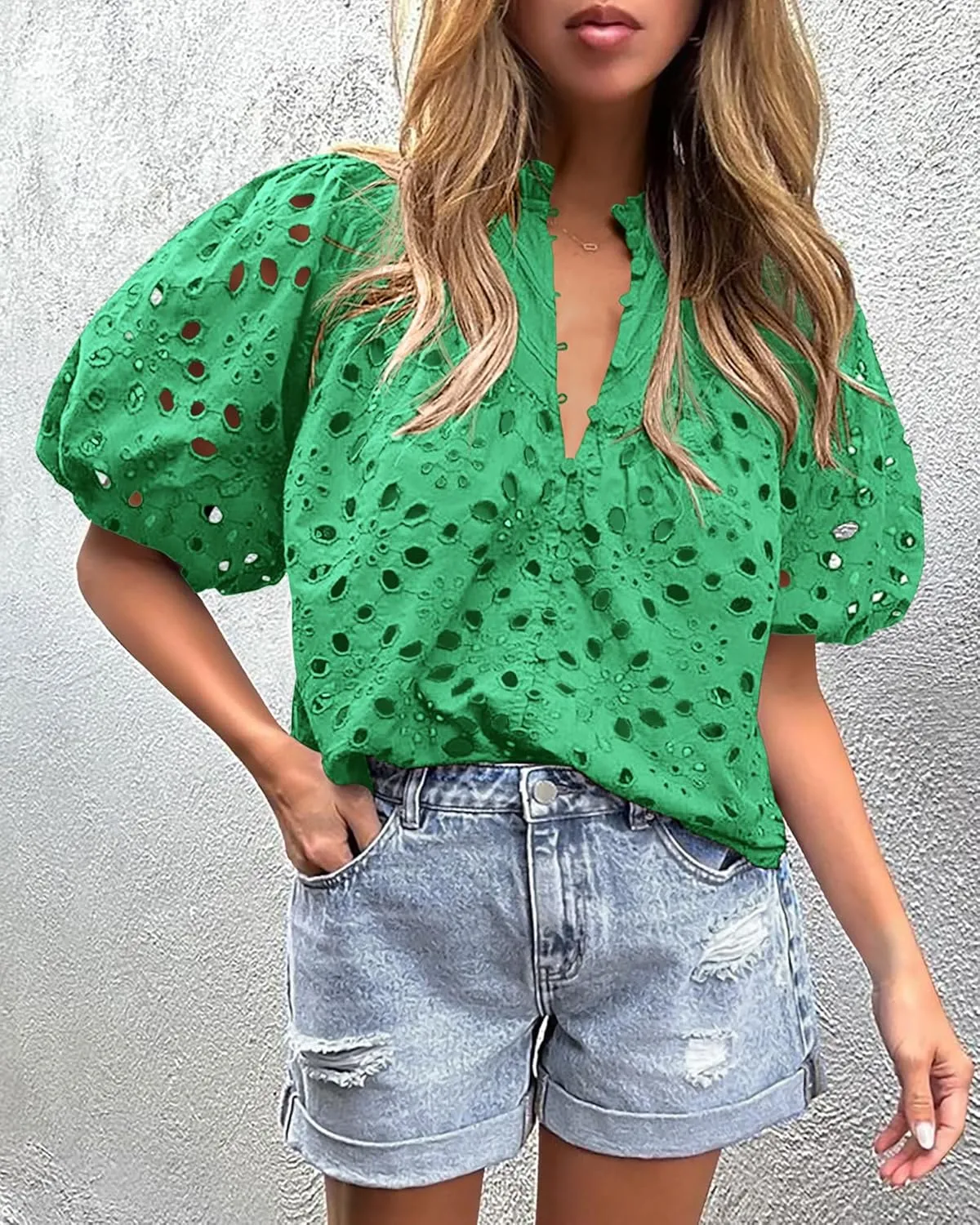 PRETTYGARDEN Women's Summer Tops 2025 Dressy Casual Short Sleeve V Neck Buttons Hollow Out Lace Embroidered Blouses Shirts