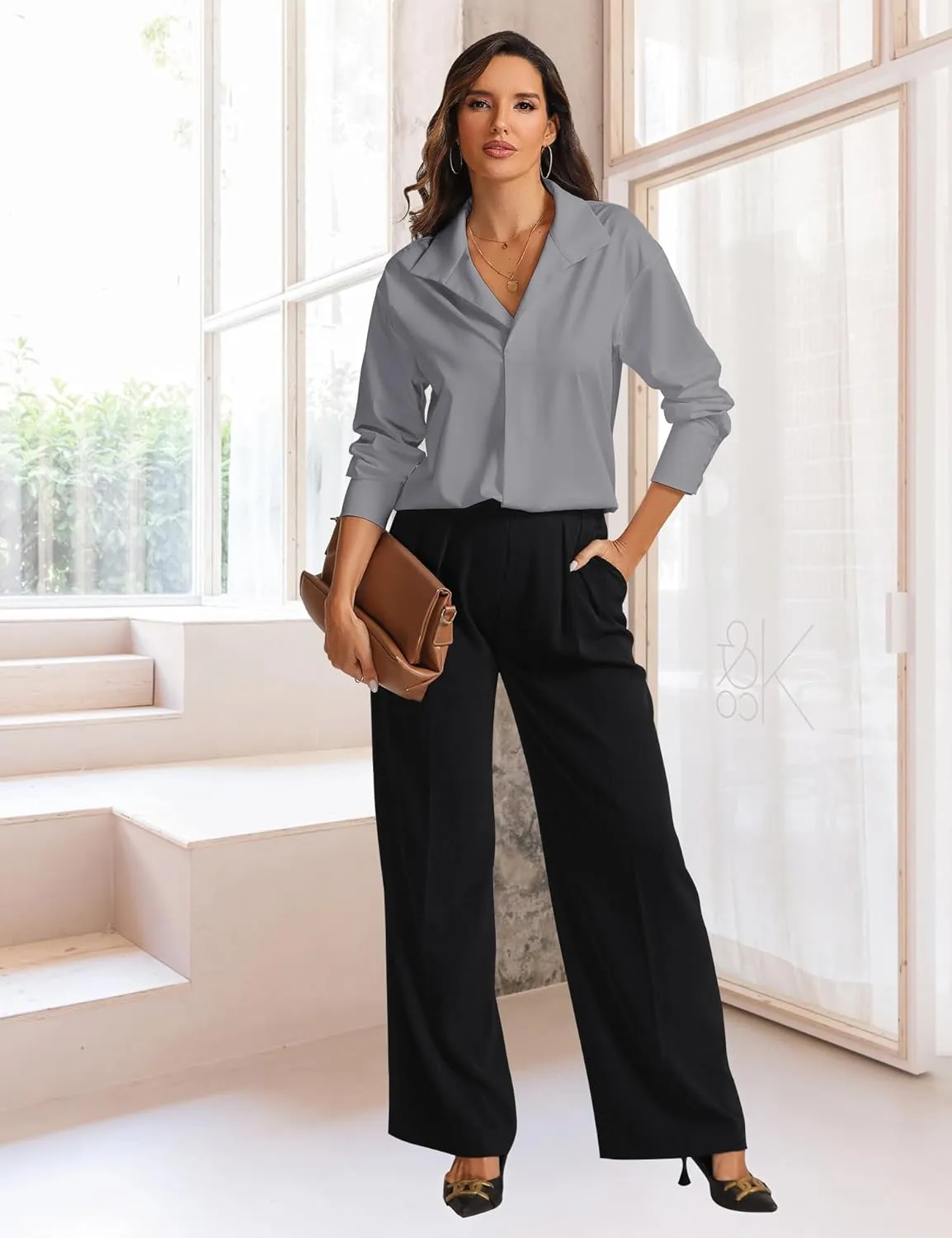 Prettywear Womens Long Sleeve Work Shirts Lapel V Neck Business Casual Blouse Solid Loose Office 2025 Spring Dressy Top