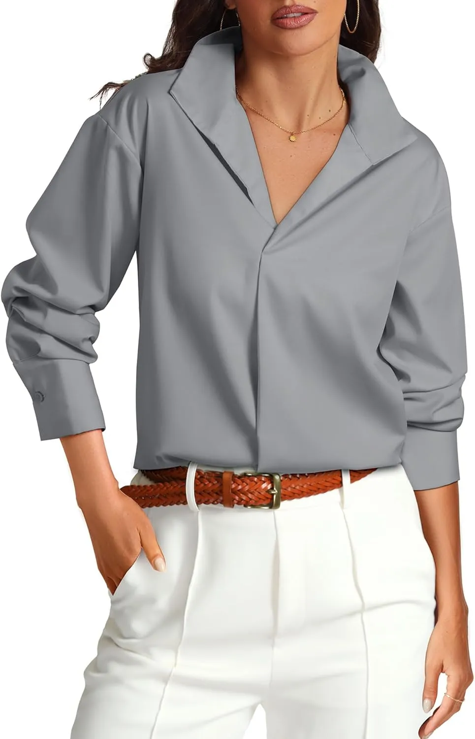 Prettywear Womens Long Sleeve Work Shirts Lapel V Neck Business Casual Blouse Solid Loose Office 2025 Spring Dressy Top