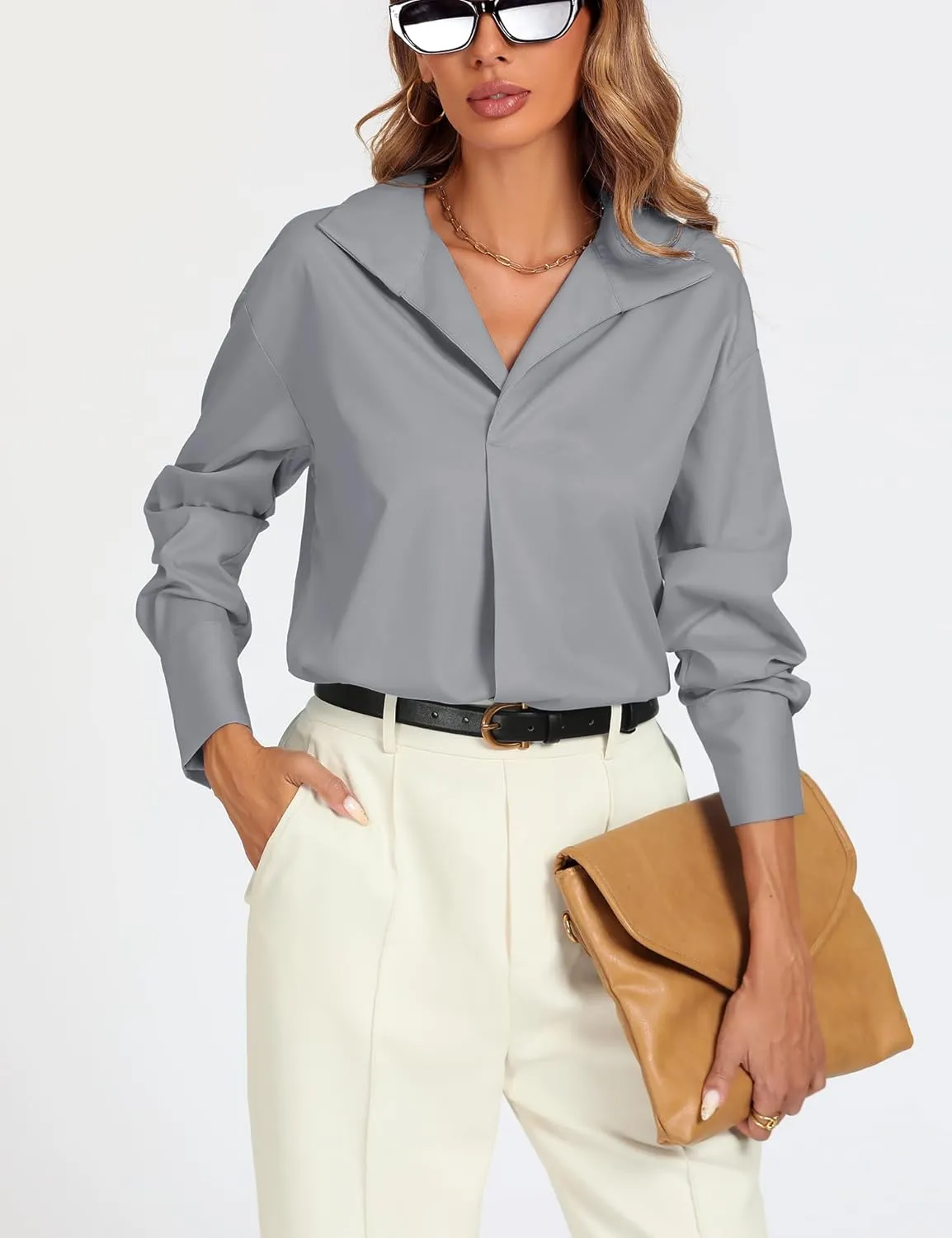 Prettywear Womens Long Sleeve Work Shirts Lapel V Neck Business Casual Blouse Solid Loose Office 2025 Spring Dressy Top