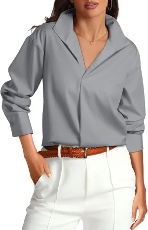 Prettywear Womens Long Sleeve Work Shirts Lapel V Neck Business Casual Blouse Solid Loose Office 2025 Spring Dressy Top