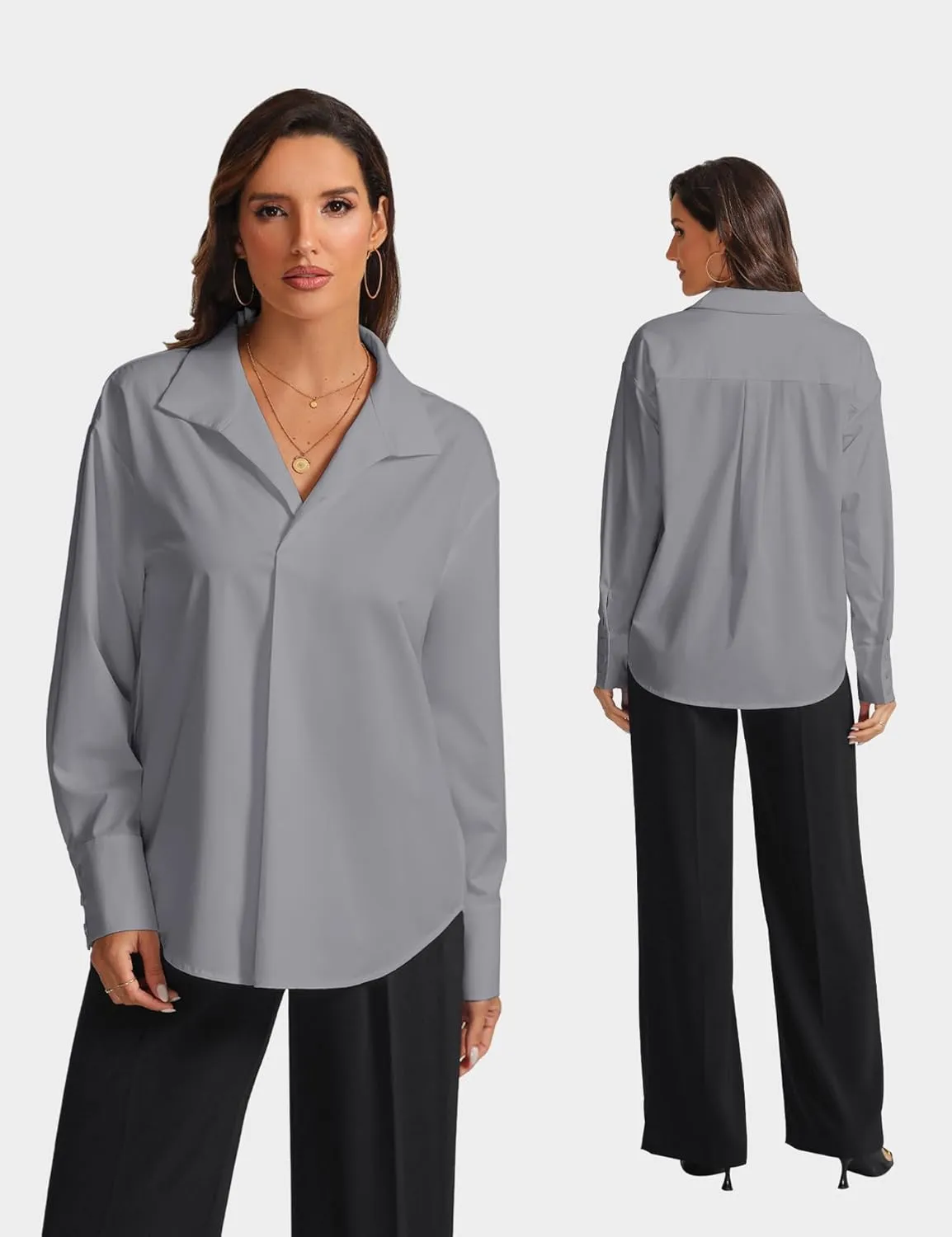Prettywear Womens Long Sleeve Work Shirts Lapel V Neck Business Casual Blouse Solid Loose Office 2025 Spring Dressy Top