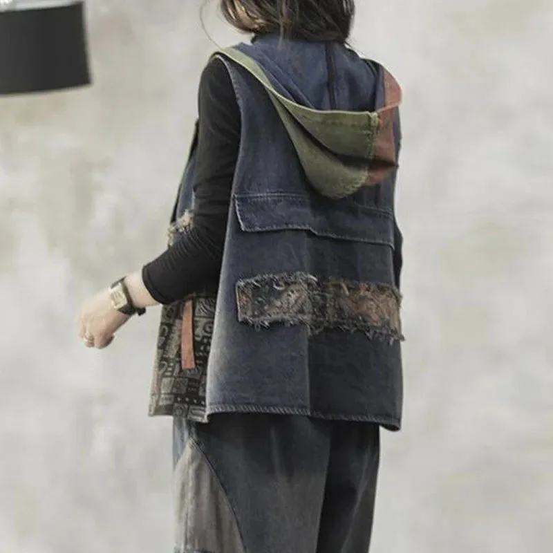 Print Patchwork Denim Vest Jacket