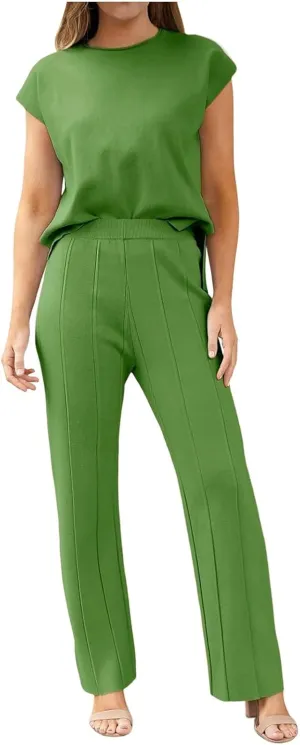 PTOLOCIF Women 2 Piece Outfits Summer Casual Sweater Set Knit Loungewear Cap Sleeve Pullover Top and Wide Leg Pants Tracksuit