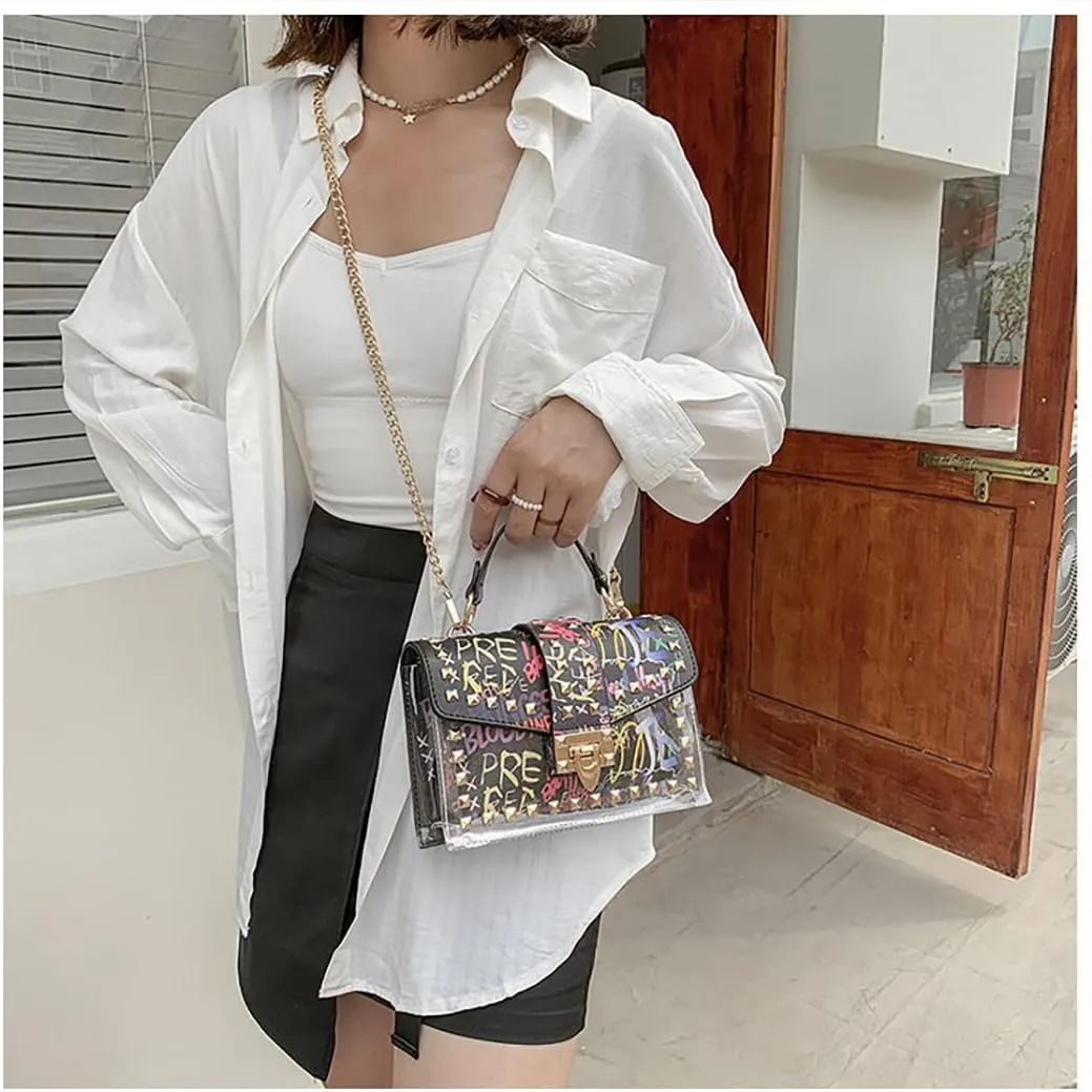 PU Leather Graffiti Shoulder Crossbody Rivet Square Snake-shaped Pattern Chain Bag
