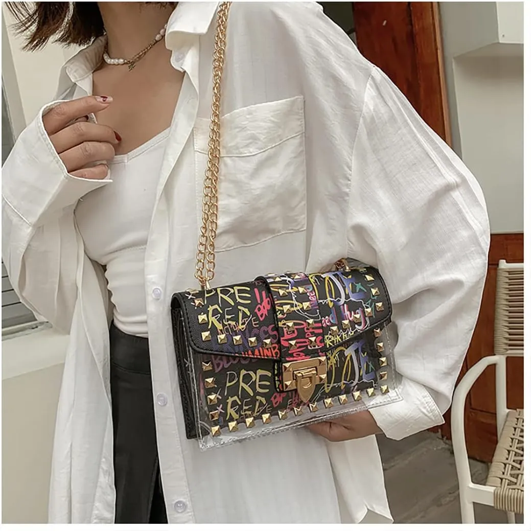 PU Leather Graffiti Shoulder Crossbody Rivet Square Snake-shaped Pattern Chain Bag