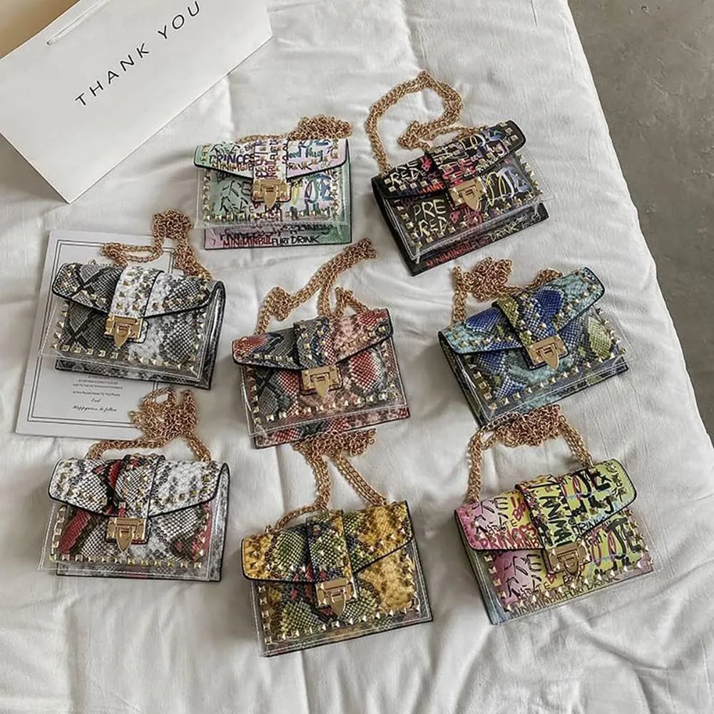 PU Leather Graffiti Shoulder Crossbody Rivet Square Snake-shaped Pattern Chain Bag