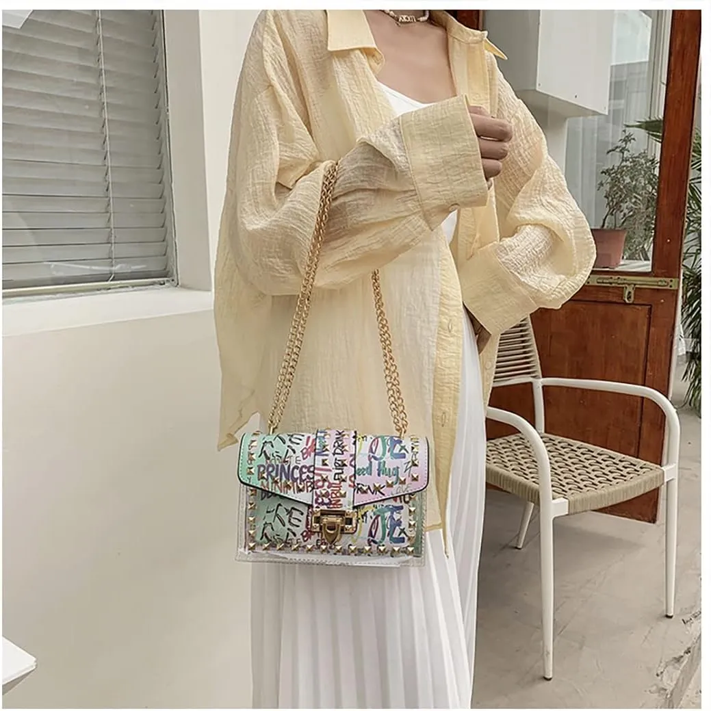 PU Leather Graffiti Shoulder Crossbody Rivet Square Snake-shaped Pattern Chain Bag