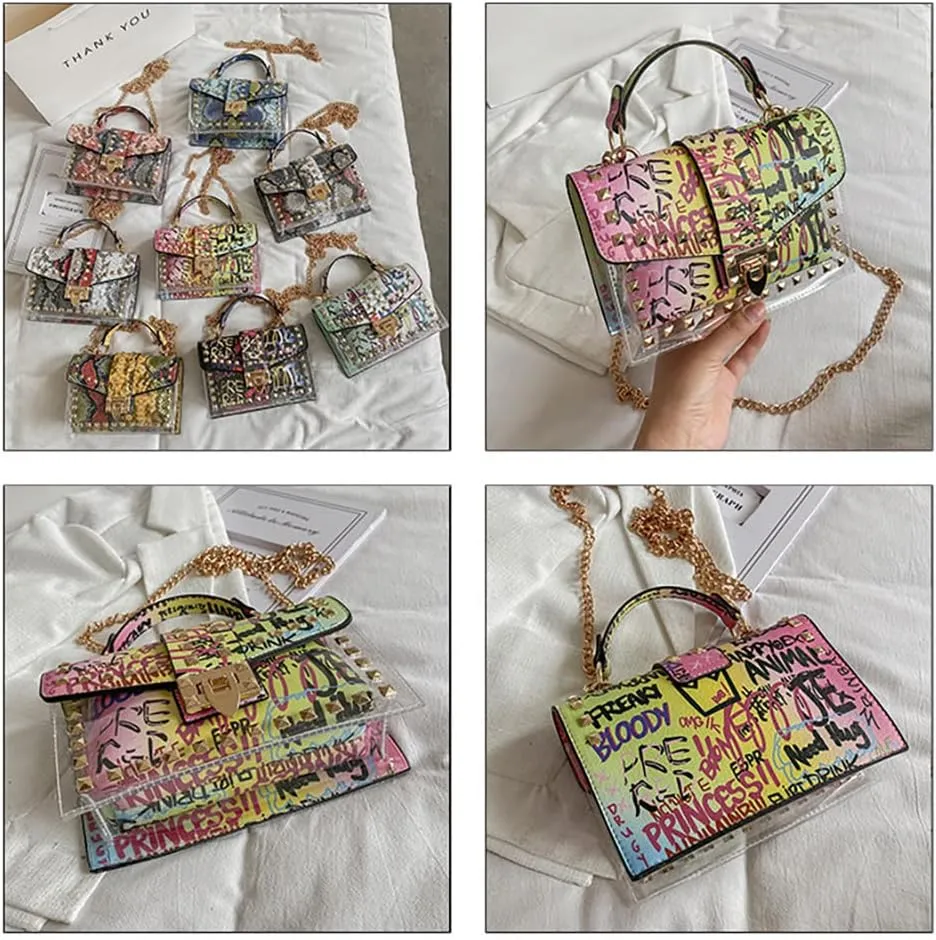 PU Leather Graffiti Shoulder Crossbody Rivet Square Snake-shaped Pattern Chain Bag