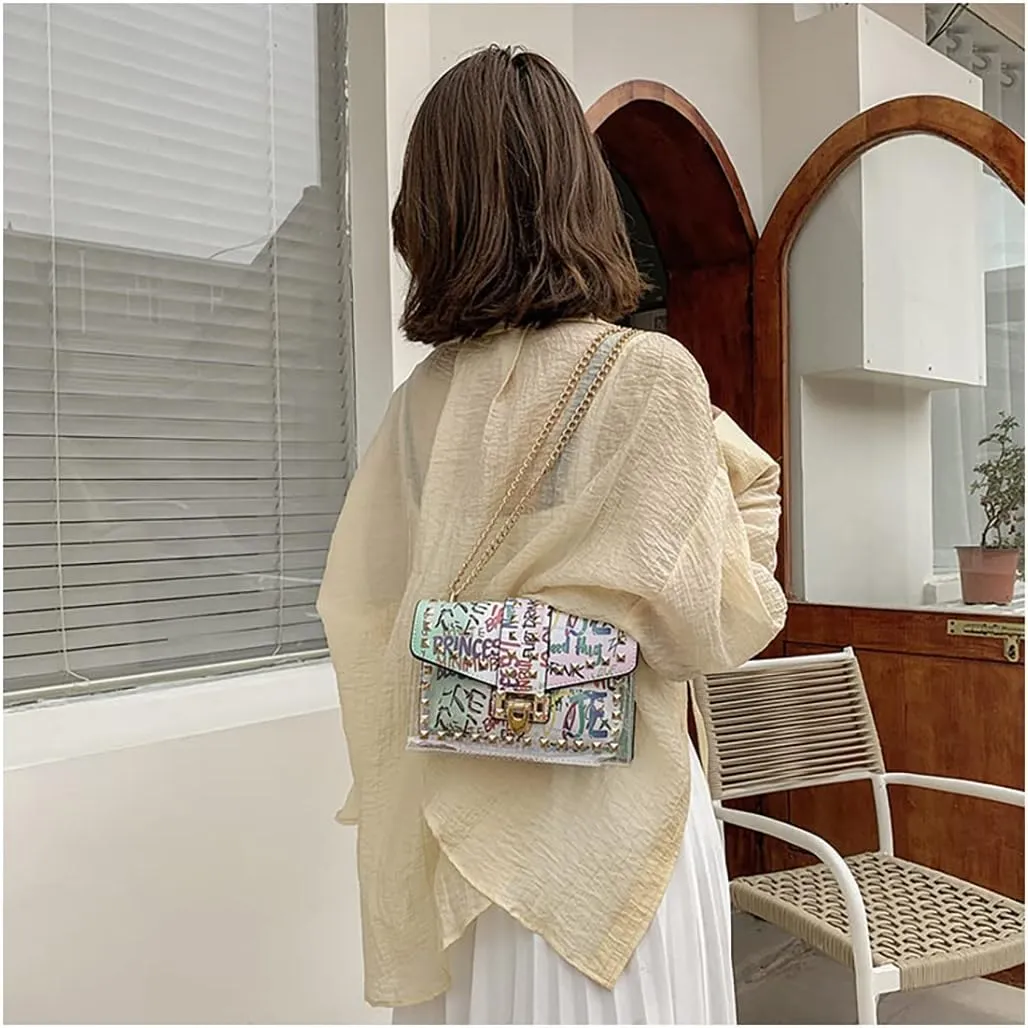 PU Leather Graffiti Shoulder Crossbody Rivet Square Snake-shaped Pattern Chain Bag
