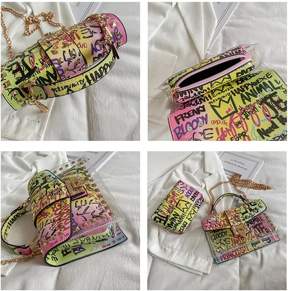 PU Leather Graffiti Shoulder Crossbody Rivet Square Snake-shaped Pattern Chain Bag