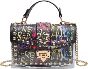 PU Leather Graffiti Shoulder Crossbody Rivet Square Snake-shaped Pattern Chain Bag