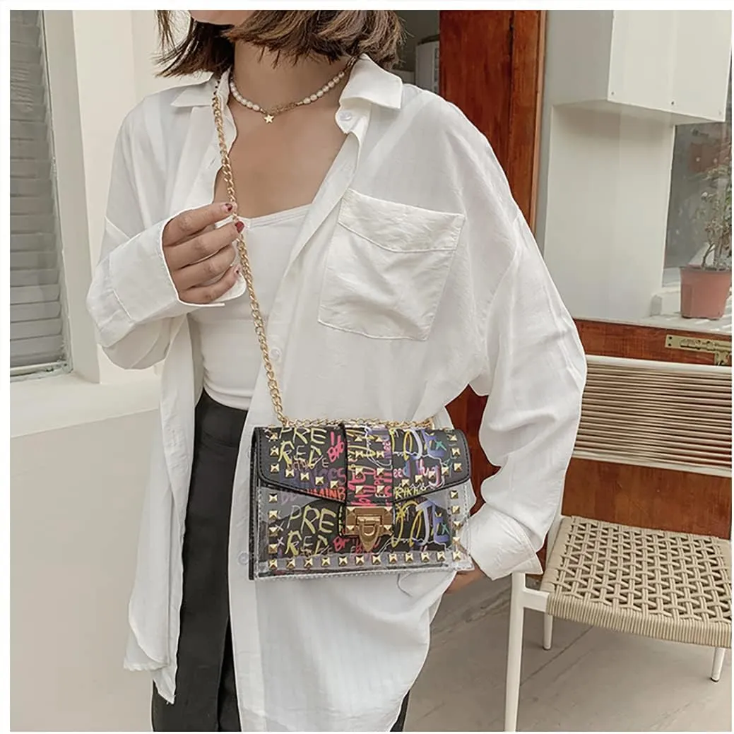 PU Leather Graffiti Shoulder Crossbody Rivet Square Snake-shaped Pattern Chain Bag