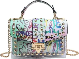 PU Leather Graffiti Shoulder Crossbody Rivet Square Snake-shaped Pattern Chain Bag