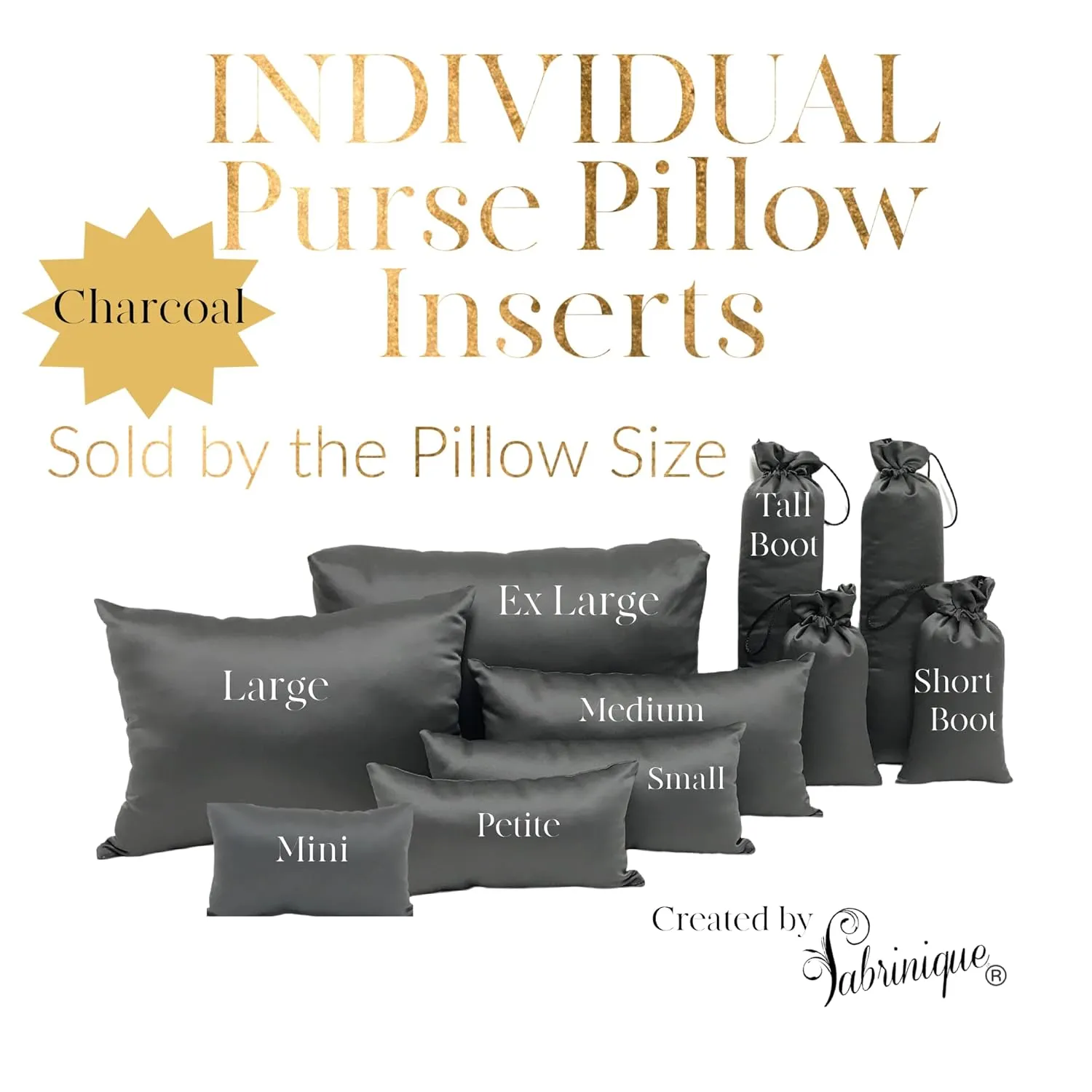 Purse Insert Pillows - Custom Cushioned Handbag Fillers by Fabrinique - Set of Shaper Inserts Made to Maintain Small to Large Purses - Prevents Creases and Damage (Charcoal, XXS-S, 3PC Set)