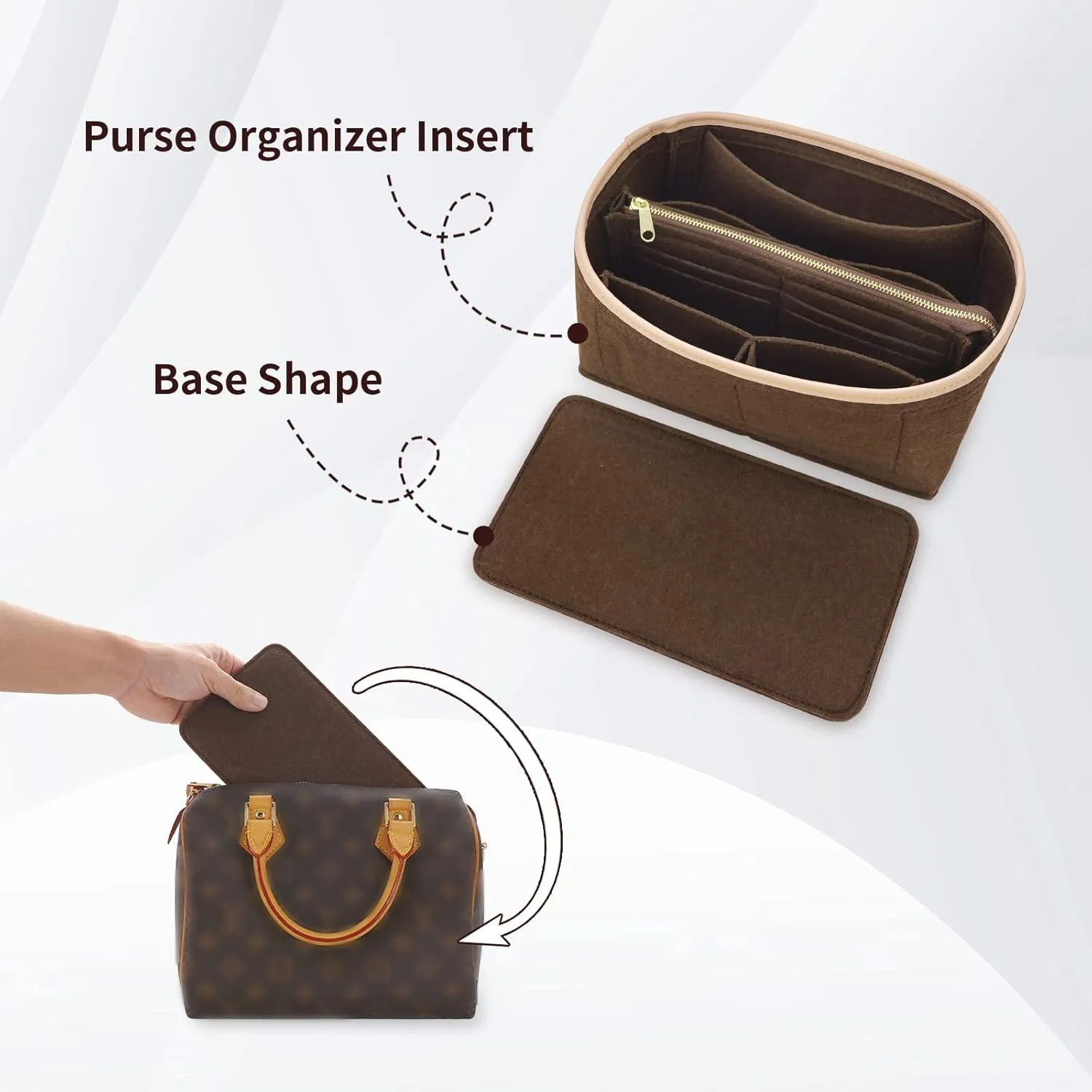 Purse Organizer & Base Shaper fit Speedy 30 & Neverfull MM, Felt Bag Organizer Insert for Handbags with Metal Zipper [Bag in Bag] (Large, Brown)