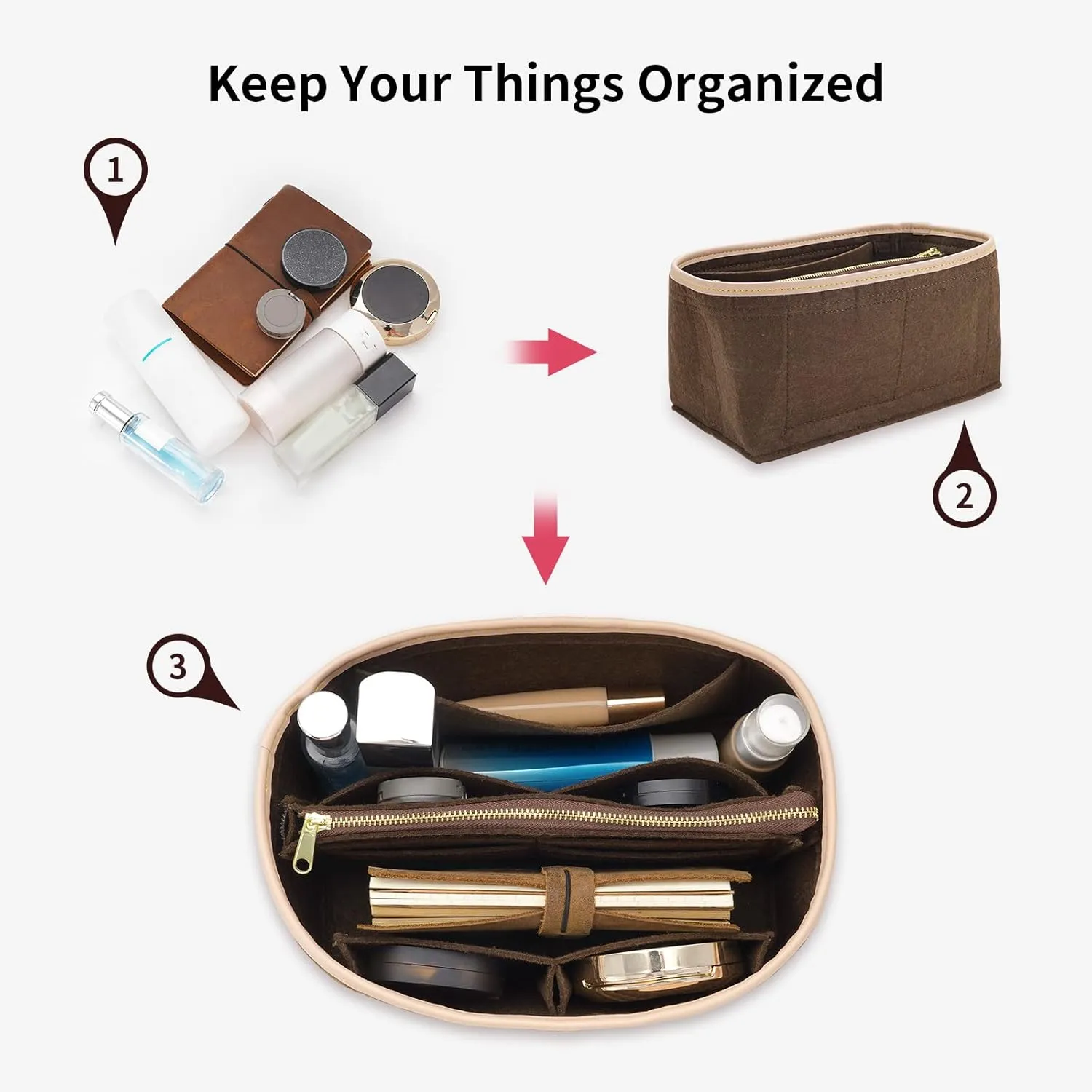 Purse Organizer & Base Shaper fit Speedy 30 & Neverfull MM, Felt Bag Organizer Insert for Handbags with Metal Zipper [Bag in Bag] (Large, Brown)