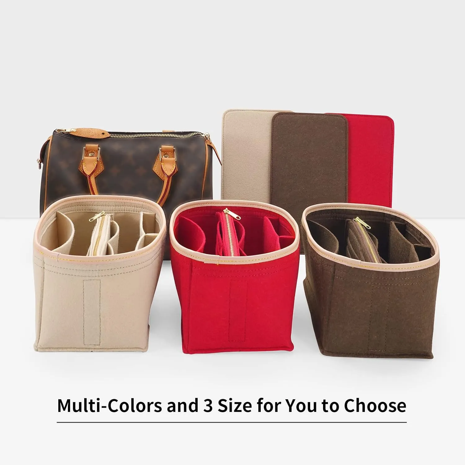 Purse Organizer & Base Shaper fit Speedy 30 & Neverfull MM, Felt Bag Organizer Insert for Handbags with Metal Zipper [Bag in Bag] (Large, Brown)