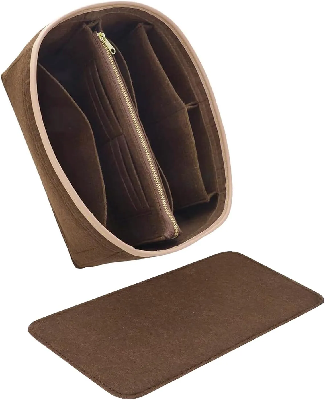 Purse Organizer & Base Shaper fit Speedy 30 & Neverfull MM, Felt Bag Organizer Insert for Handbags with Metal Zipper [Bag in Bag] (Large, Brown)